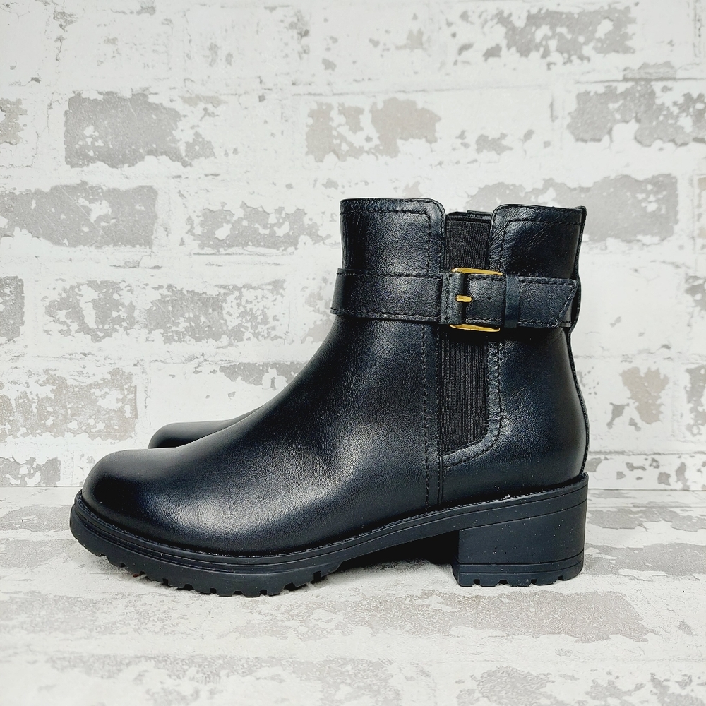 New COLE HAAN Catherine Waterproof Black Faux Leather Ankle Bootie i909